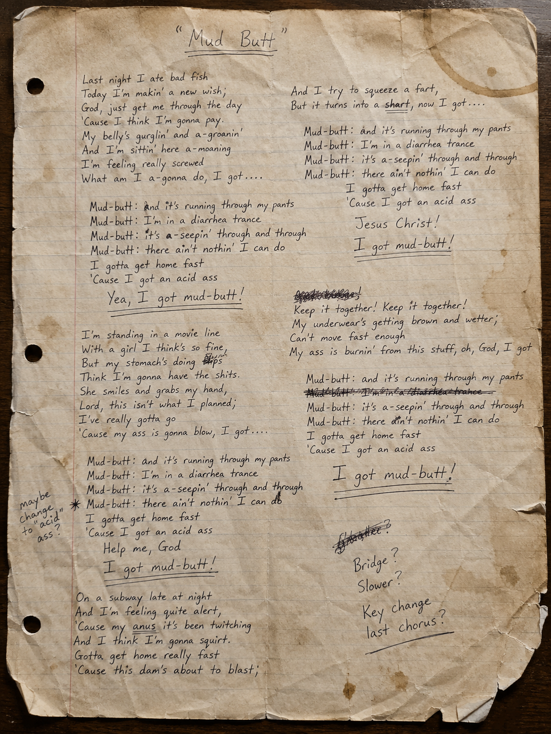 Recovered handwritten lyric sheet for Mud Butt by The Acid Stains